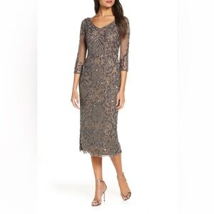 PISARRO NIGHTS Sequin & Beaded Cocktail Sheath Dress- Mocha (Size 6)